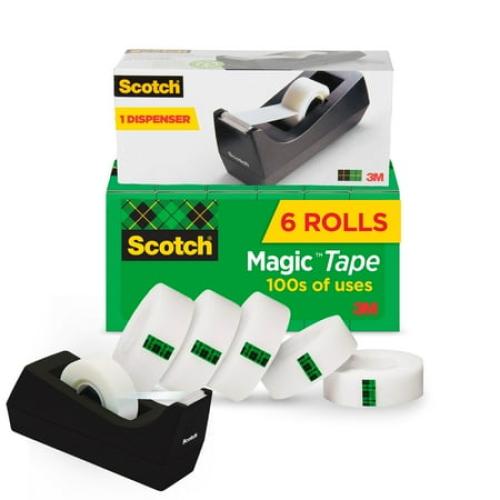 Scotch Magic Tape, Clear, 3/4 x 1000, 6 Rolls with Black Dispenser
