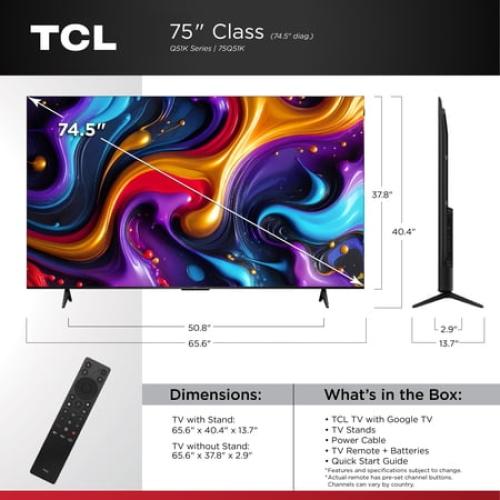 TCL 75 Q Series QLED 4K UHD HDR Smart Google TV (NEW 2025) - Dolby Vision, Dolby Atmos, Motion Rate 240, HDR 10 , Auto Game Mode - 75Q51K