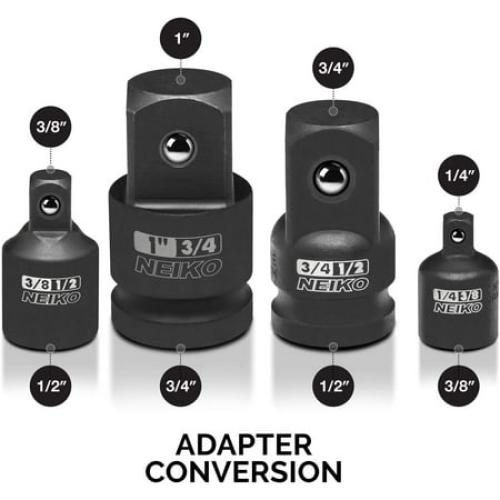 Sizes 1/4”, 3/8”, 1/2, 3/4”, 1 NEIKO 30223A 8 PC Impact Socket Adapter Set, Standard SAE, Cr-V Steel, Impact Driver & Wrench Conversion Kit, Locking Impact Socket Adapters & Reducer Set, Ball Detent, 1/4”, 3/8”, 1/2, 3/4”, 1”
