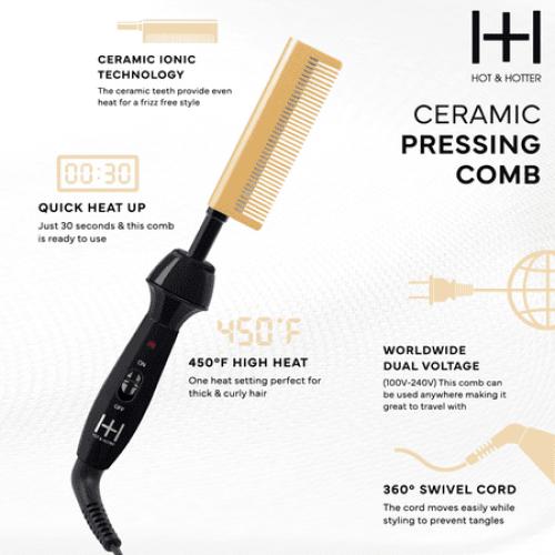 Hot & Hotter Ceramic Electrical Pressing Comb, Black & Gold