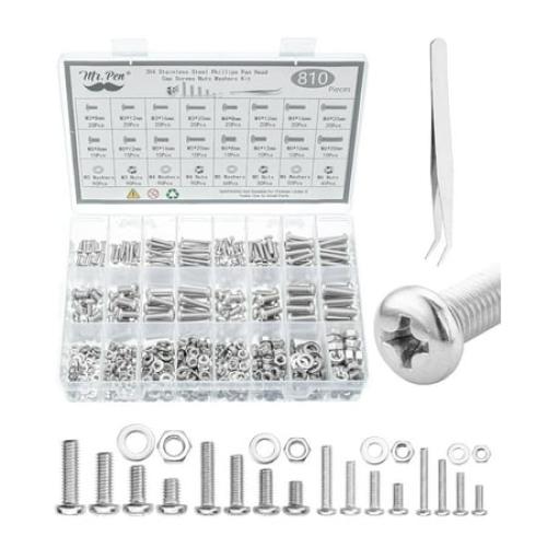 Mr. Pen- Nuts and Bolts Assortment Kit, 810 pcs, Stainless Steel M3 M4 M5 M6 Phillips Pan Head Assorted Nuts and Bolts