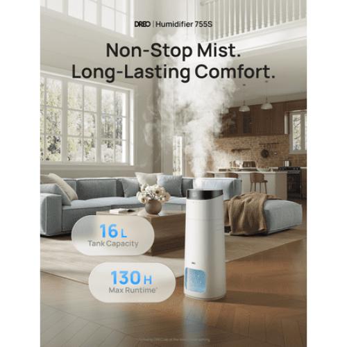 DREO 16L Smart Humidifier Large Room 1000 ft², 130H Cool Mist Humidifiers for Bedroom Plants Baby, Top Fill, Remote/Touch/Voice & APP Control, Self-Cleaning Tank, 30dB, RGB Light, HM755S White