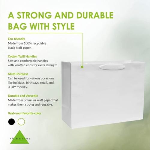 Prime Line Packaging Large PB Twill White Paper Shopping Bags 25 Pack - 16x6x12