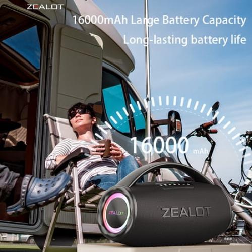 Black ZEALOT S97 80W high-power wireless speaker, with a built-in 16000mAh battery and RGB lighting, is compatible with memory card /USB/UAX/TWS stereo speakers and subwoofer hands-free calls