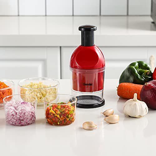 Geedel Food Chopper Easy to Clean Manual Hand Vegetable Chopper Dicer Dishwasher Safe Slap Onion Chopper for Veggies Onions Garlic Nuts Salads Red