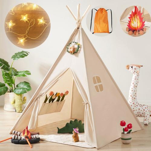 Tiny Land Kids-Teepee-Tent with Lights & Campfire Toy & Carry Case Natural Cotton Canvas Toddler Tent - Washable Foldable Teepee Tent for Kids Indoor Tent Outdoor Play Tent for Girls & Boys