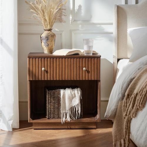Walnut Kaybri 23.5''W Modern Fully Assembled Fluted Solid Wood Nightstand with Hidden Compartment and Charging Staion