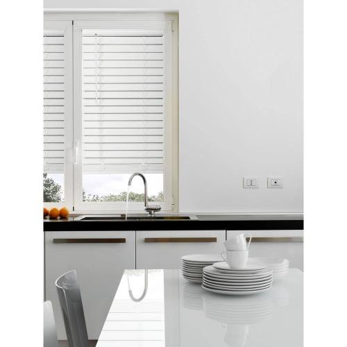 White Cordless Premium Faux Wood blinds with 2.5 in. Slats - 35 in. W x 48 in. L (Actual Size 34.5 in. W x 48 in. L)