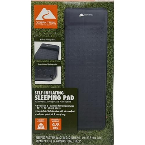 Ozark Trail Self-Inflating Camp Pad with Pillow - Grey, Adult, 78 L x 25 W x 2 H