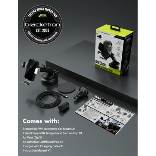 Bracketron PwrUp Automatic Universal 15W Qi Fast Wireless Charging 3 in 1 Dashboard Windshield and Vent Mount