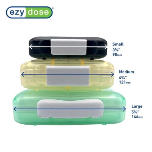 Ezy Dose Moisture-Proof Pill Organizer, Travel-Friendly, Latch-Closure to Secure Contents, 4 Individual Compartments of Multiple Sizes with Tight Seal, Medium, Black