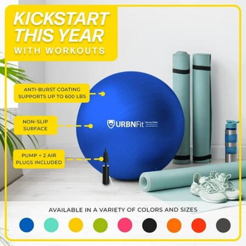 URBNFit Exercise Ball - AntiBurst Swiss Balance Ball w/ Pump - Fitness Ball Chair for Office, Home Gym - Silver, 55CM