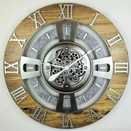 THE GEARS CLOCK Wall Clock with Real Moving Gears EN-LI_ 36 in Round Wood-Stone
