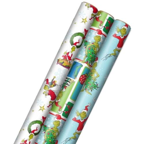 Hallmark Grinch Wrapping Paper for Christmas with Blue Tiles, White Snowflakes, Cindy Lou Who, Max( missing one roll)