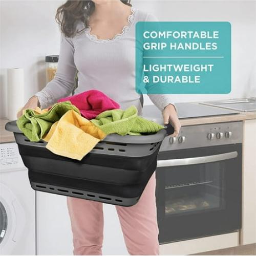 Brookstone 11 Gallon Collapsible Plastic Laundry Basket, Portable Pop-up Hamper, Foldable Storage Container, Washing Tub, Dark Gray