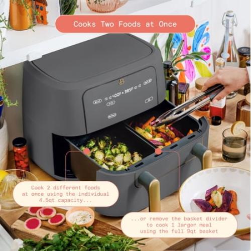 Beautiful 9 QT TriZone Air Fryer, Oyster Grey by Drew Barrymore