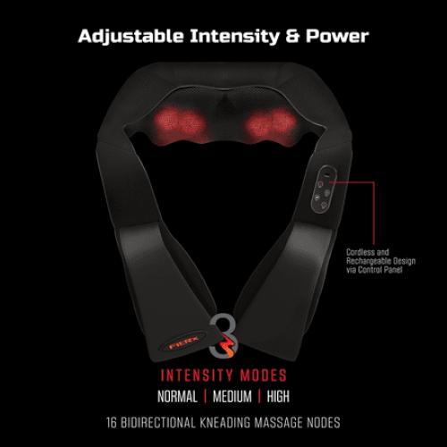 FitRx Cordless Shiatsu Shoulder, Back, and Neck Massager with Heat, USB-Rechargeable, Black