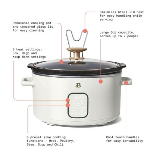 Beautiful 6 Qt Programmable Slow Cooker, White Icing by Drew Barrymore
