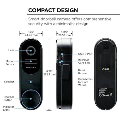 Merkury Smart Doorbell Camera - Wire-Free Battery Cam with Chime & Intelligent Alerts (1-Pack)