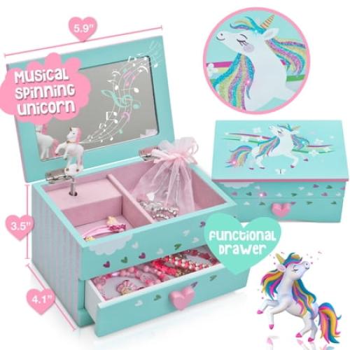 Amitie Lane Itsy Unicorn Musical Jewelry Box, Unicorn Charm Bracelet, Girls Ages 6 , Mint Green
