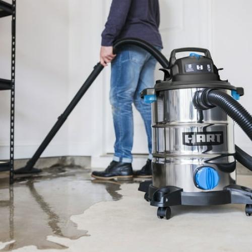 HART 8 Gallon Wet/Dry Vacuum, 6 Peak HP Motor, Stainless Steel Tank, Convertible to Blower, On-Board Storage, 17 ft Cleaning Reach