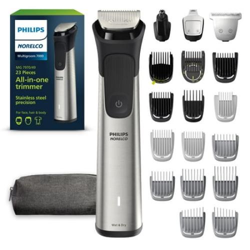 Philips Norelco Multigroom 7000 Series, All-in-One Trimmer, Beard Trimmer and Hair Clipper, 23-Piece Men's Grooming Kit for Beard, Face, Nose, Ear, Body, with Titanium Blades, Travel Pouch, MG7970/49