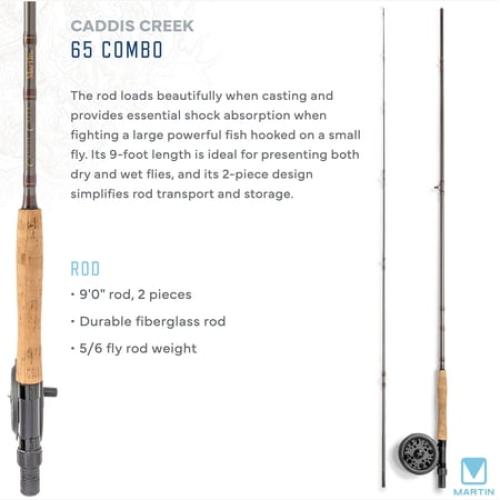 Martin Caddis Creek Fly Reel and Fishing Rod Combo, 5/6-Weight 9-Foot 2-Piece Fiberglass Rod, Brown