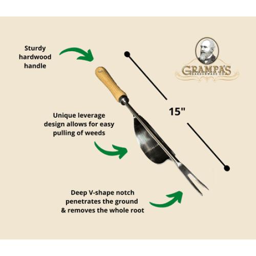 Grampa's Hand Weeder Tool - The Perfect Lightweight Easy To Use Weed Puller Tool For Garden - Durable Unique Lever Design With V-Shaped Forks Allows For Easy Removal Of Weeds & Their Roots.