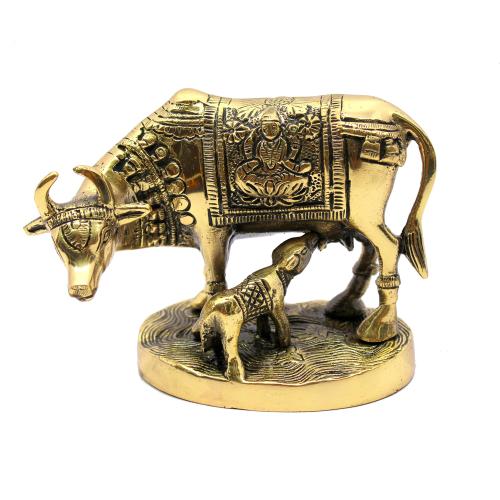 StonKraft Brass Kamdhenu Cow Calf Kamadhenu Idol Murti Statue (5.5 Inch)