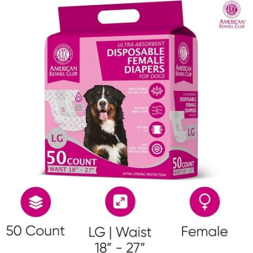 American Kennel Club Female Dog Wrap, Disposable Diapers with Wetness Indicator, Large, 50 Count