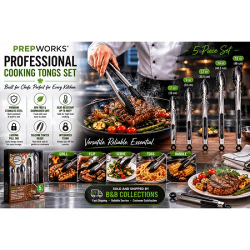 PrepWorks Heads-Up Cooking Tongs Set, 5-Piece Stainless Steel & Silicone Kitchen Tong Set, Heat Resistant Non-Slip Grip Tongs for Cooking, Grilling, Salad & Serving‼️MISSING ONE‼️