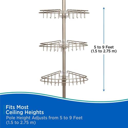 5 ft. to 9 ft. Adjustable 3-Tier Rust-Proof Stainless Steel Spring Tension Shower Corner Pole Caddy in Satin Nickel