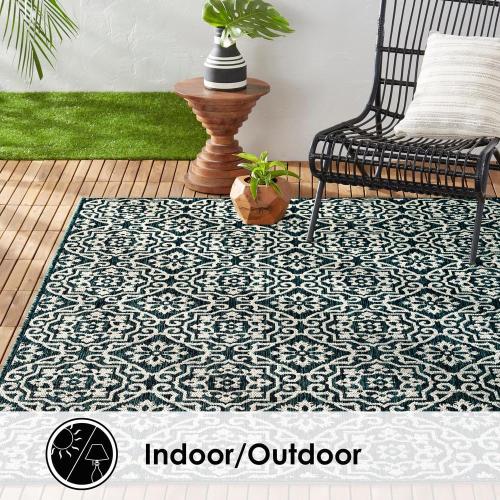 Patio Country Danica Navy Blue/Ivory 5 ft. x 7 ft. Geometric Indoor/Outdoor Area Rug