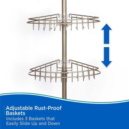 5 ft. to 9 ft. Adjustable 3-Tier Rust-Proof Stainless Steel Spring Tension Shower Corner Pole Caddy in Satin Nickel