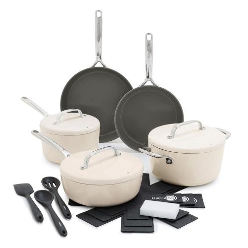 GP5 Hard Anodized Aluminum Healthy Ceramic Nonstick 15 Piece Cookware Set in Cloud Cream‼️light dirt and incomplete‼️