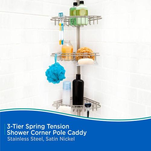 5 ft. to 9 ft. Adjustable 3-Tier Rust-Proof Stainless Steel Spring Tension Shower Corner Pole Caddy in Satin Nickel
