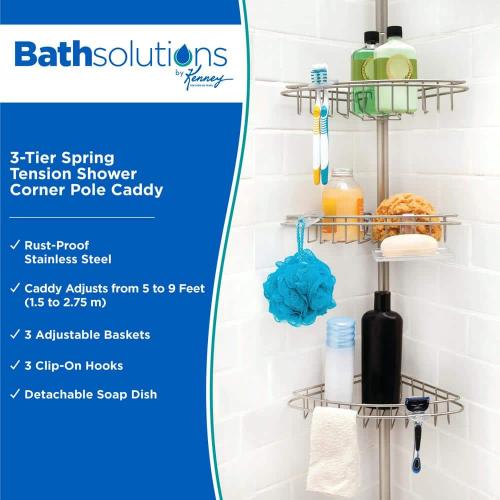 5 ft. to 9 ft. Adjustable 3-Tier Rust-Proof Stainless Steel Spring Tension Shower Corner Pole Caddy in Satin Nickel