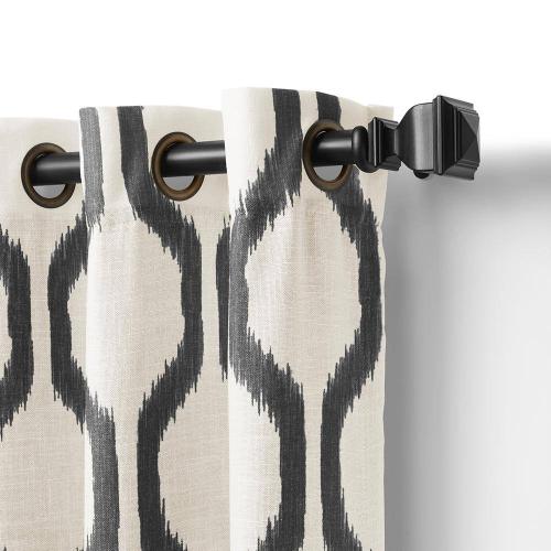 Renzo Black Geometric Ikat Poly-Linen 52(in)X84(in) Grommet Top Room Darkening Curtain Panel