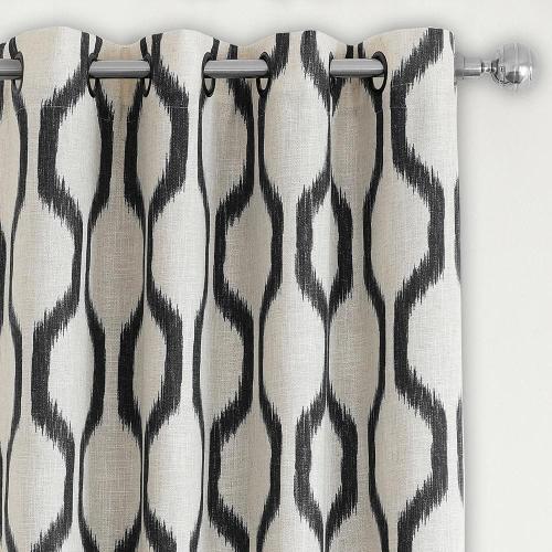 Renzo Black Geometric Ikat Poly-Linen 52(in)X84(in) Grommet Top Room Darkening Curtain Panel