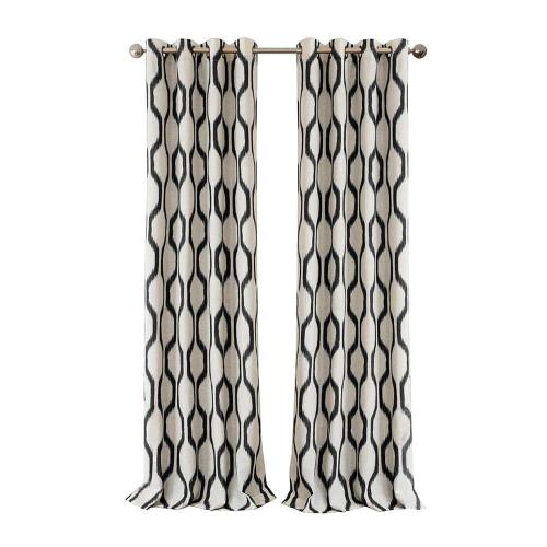 Renzo Black Geometric Ikat Poly-Linen 52(in)X84(in) Grommet Top Room Darkening Curtain Panel