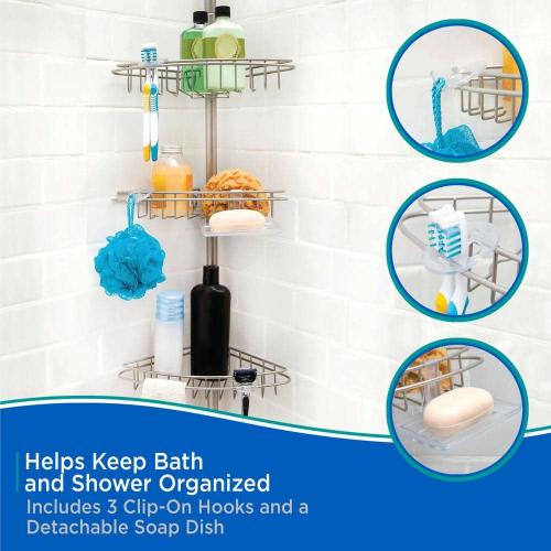 5 ft. to 9 ft. Adjustable 3-Tier Rust-Proof Stainless Steel Spring Tension Shower Corner Pole Caddy in Satin Nickel
