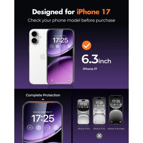 UNBREAKcable Screen Protector 2 Pack for iPhone 17, Tempered Glass, 9H Anti-Scratch, Bubble-Free Install with Alignment Frame, HD Clear, Case Friendly