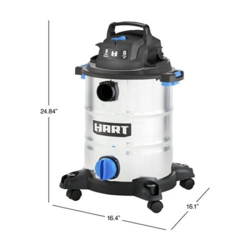 HART 8 Gallon Wet/Dry Vacuum, 6 Peak HP Motor, Stainless Steel Tank, Convertible to Blower, On-Board Storage, 17 ft Cleaning Reach