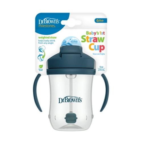 Dr. Brown's Milestones Baby's First Straw Cup, Training Cup with Weighted Straw, 9oz/270ml, Dark Blue, 6m