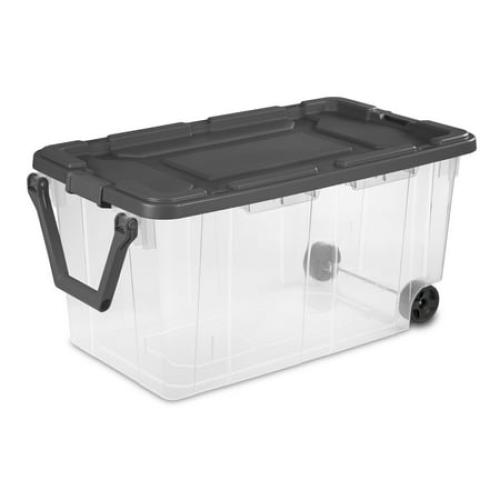 Sterilite 160 Quart Extra-Large Wheeled Storage Bin, Clear Storage Container with Latch Lid and Pull Handle, Durable, Dark Gray