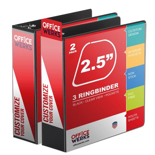 Performore Premium 3 Ring Binder Professional Angle D Ring 2.5 Inch Presentation Folder for Standard Pages 8.5 x 11 with Pockets Crystal Clear View Black (2 Pack)