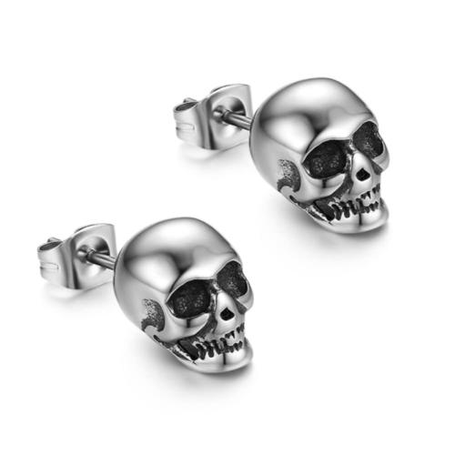 Rofusn Black Stainless Steel Punk Skull Stud Earrings Gothic Skeleton Piercing Ear Plugs for Men Women