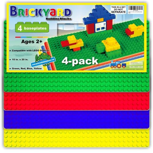 Brickyard Building Blocks Lego Compatible Baseplate - Pack of 4 Large 10 x 20 Inch Base Plates for Toy Bricks STEM Activities & Display Table - Assorted