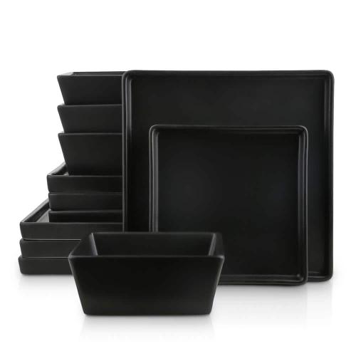 Stone Lain Grace 12-Piece Dinnerware Set Stoneware, Service For 4, Black Matte