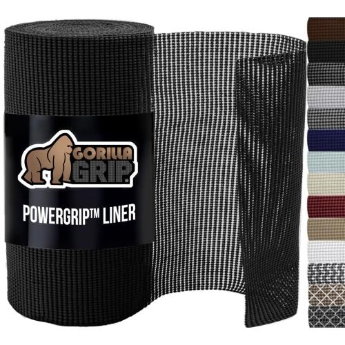 GORILLA GRIP powerGRIP Drawer Shelf and Cabinet Liner Thick Strong Hold Non-Adhesive Liners Protect Kitchen Cabinets and Cupboard Bathroom Drawers Easy Install Breathable Mat 17.5 x30' Black